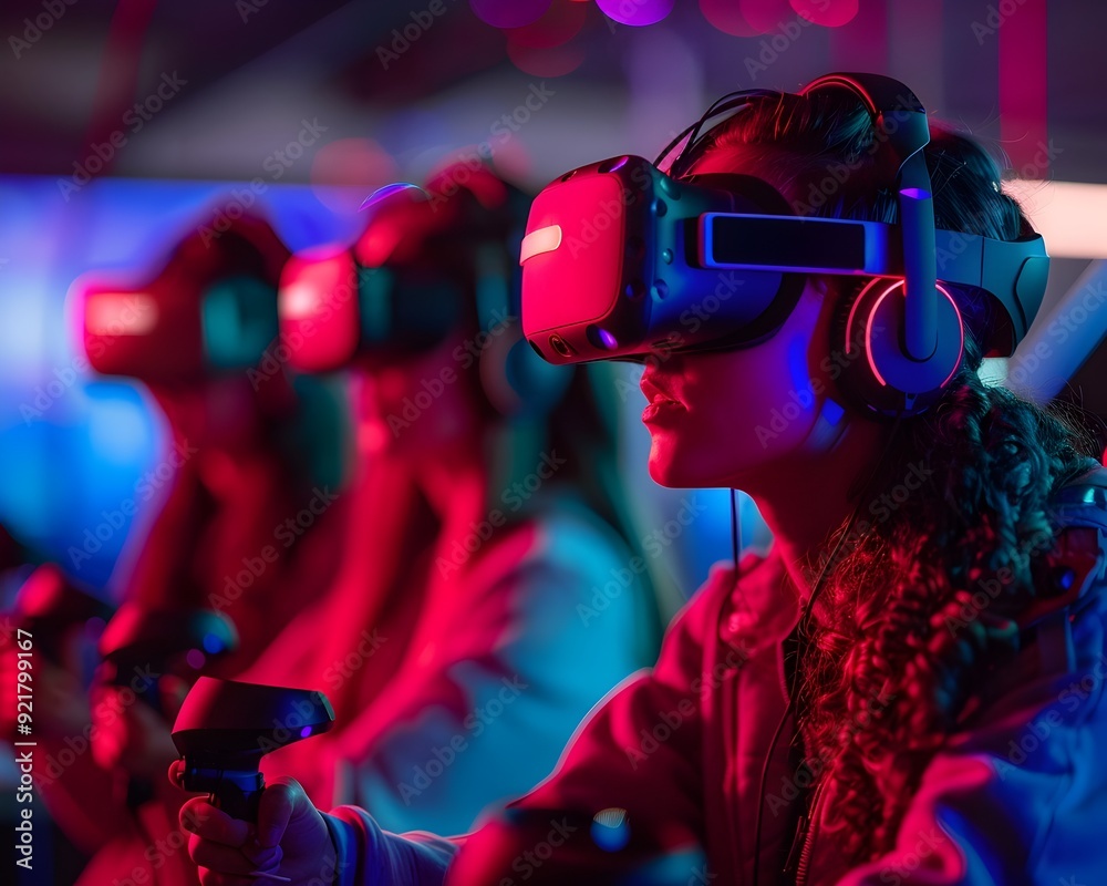 Group of Friends Enjoying Multiplayer VR Game in Vibrant Digital Environment Group of Friends Enjoying Multiplayer VR Game in Vibrant Digital Environment