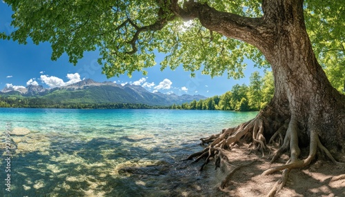 Clear blue lake with a large tree and mountains under a bright sky in summer