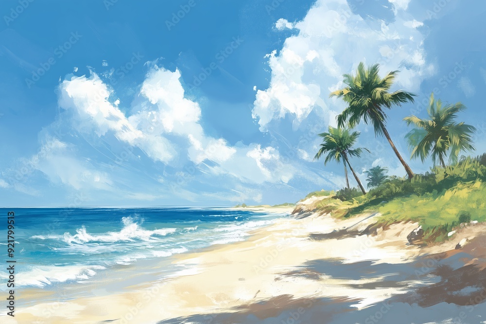 A tranquil scene of a tropical beach featuring pristine white sand, gently lapping turquoise waves, and a row of palm trees lining the shoreline. A tranquil scene of a tropical beach featuring pristine white sand, gently lapping turquoise waves, and a row of palm trees lining the shoreline.