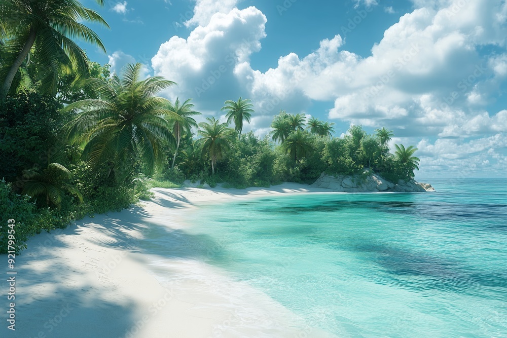 A serene tropical beach featuring soft white sand, lush green palm trees, and crystal-clear turquoise waters under a bright blue sky dotted with fluffy white clouds. A serene tropical beach featuring soft white sand, lush green palm trees, and crystal-clear turquoise waters under a bright blue sky dotted with fluffy white clouds.