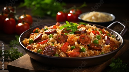 A close-up of a pan containing rice and sausage