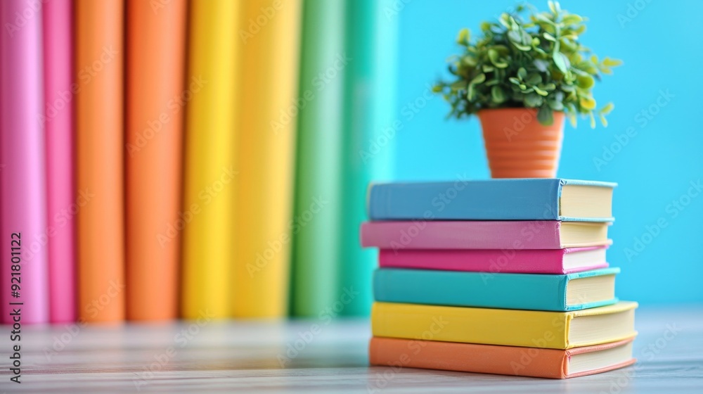 Colorful Books with Plant on a Blue Background. Colorful Books with Plant on a Blue Background.