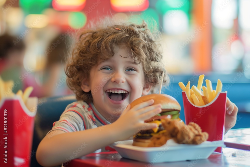 A young boy smiles widely as he enjoys a delicious burger and french fries. A young boy smiles widely as he enjoys a delicious burger and french fries.