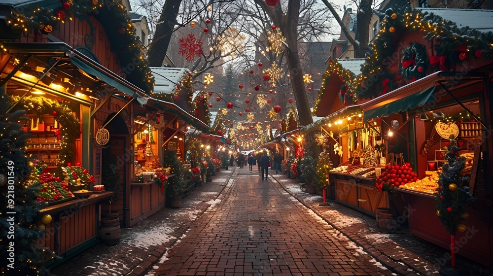 Fototapeta premium A bustling Christmas market in Berlin, Germany, adorned with festive lights.