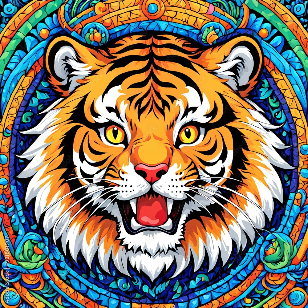 Vibrant Colors and Intricate Details of a Tiger's Face in Stained Glass Vibrant Colors and Intricate Details of a Tiger's Face in Stained Glass
