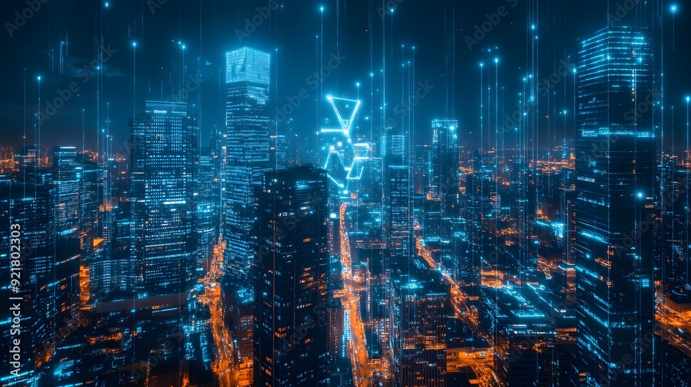 Nighttime view of a technologically advanced city with sleek, illuminated skyscrapers. Premium background for the latest technology needs. Nighttime view of a technologically advanced city with sleek, illuminated skyscrapers. Premium background for the latest technology needs.