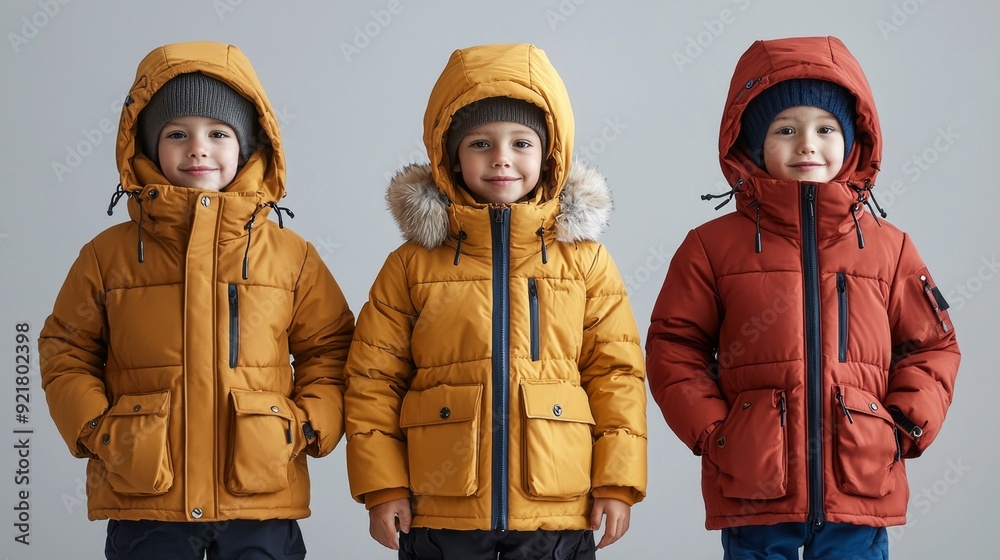Fototapeta premium Three Children in Warm Winter Jackets.