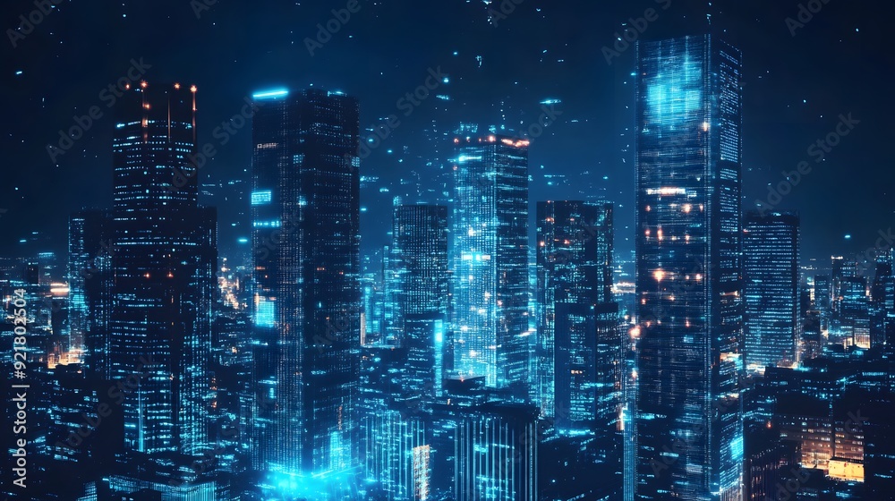 Nighttime view of a technologically advanced city with sleek, illuminated skyscrapers. Premium background for the latest technology needs. Nighttime view of a technologically advanced city with sleek, illuminated skyscrapers. Premium background for the latest technology needs.
