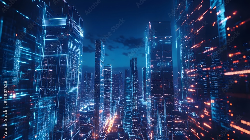 Obraz premium Nighttime view of a technologically advanced city with sleek, illuminated skyscrapers. Premium background for the latest technology needs.