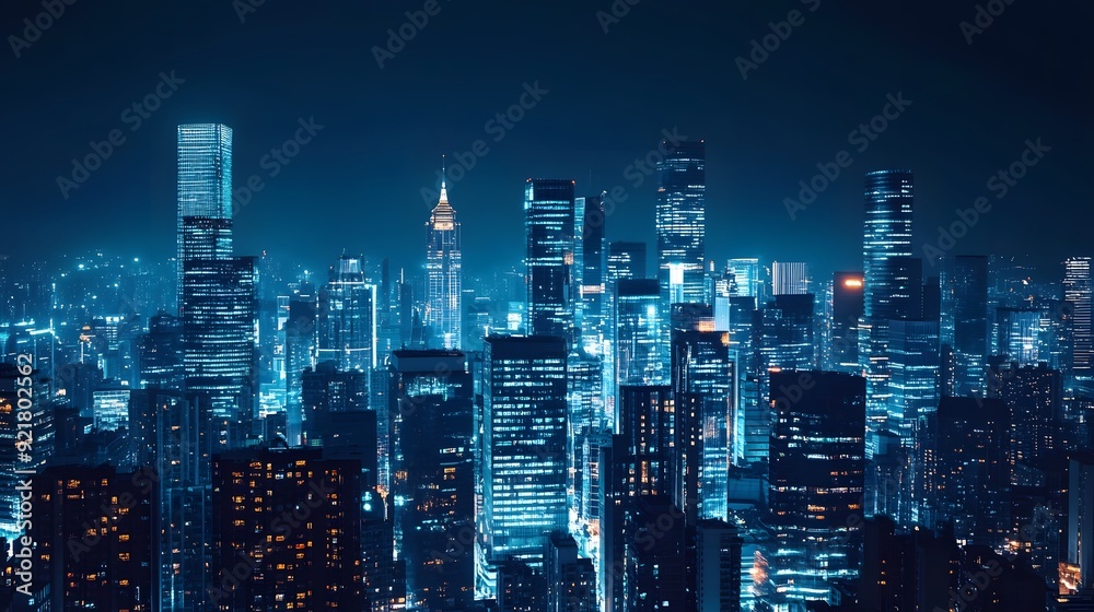 Nighttime view of a technologically advanced city with sleek, illuminated skyscrapers. Premium background for the latest technology needs. Nighttime view of a technologically advanced city with sleek, illuminated skyscrapers. Premium background for the latest technology needs.