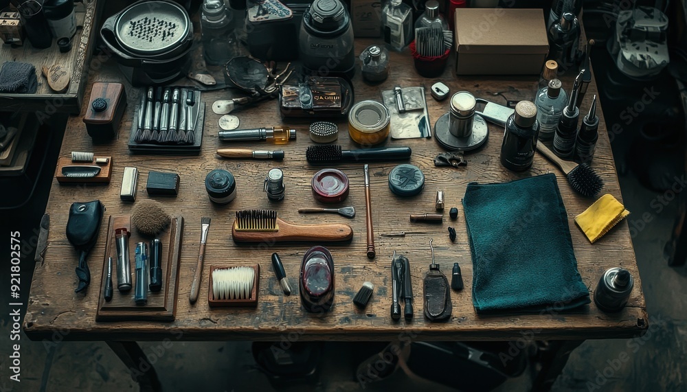 Tools and supplies arranged on a wooden table in a creative workspace during afternoon light Tools and supplies arranged on a wooden table in a creative workspace during afternoon light