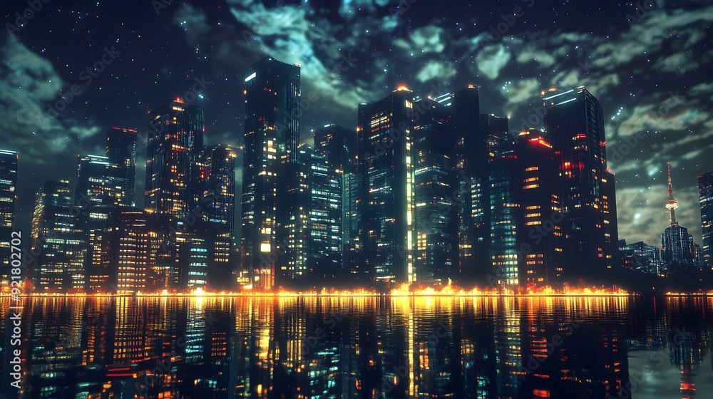 Fototapeta premium Nighttime view of a technologically advanced city with sleek, illuminated skyscrapers. Premium background for the latest technology needs.