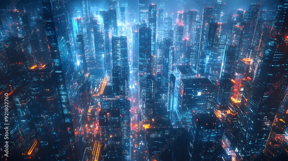 Obraz premium Nighttime view of a technologically advanced city with sleek, illuminated skyscrapers. Premium background for the latest technology needs.