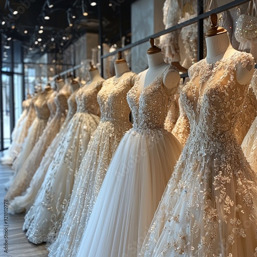 A collection of stunning wedding dresses showcases diverse styles and intricate designs in a well-lit bridal boutique	 photo