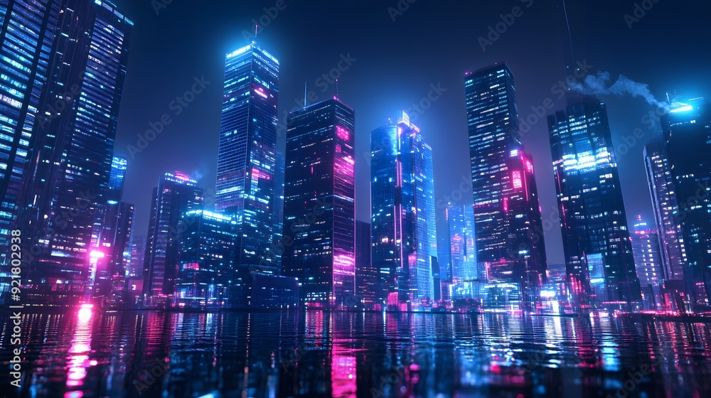 Fototapeta premium Nighttime view of a technologically advanced city with sleek, illuminated skyscrapers. Premium background for the latest technology needs.