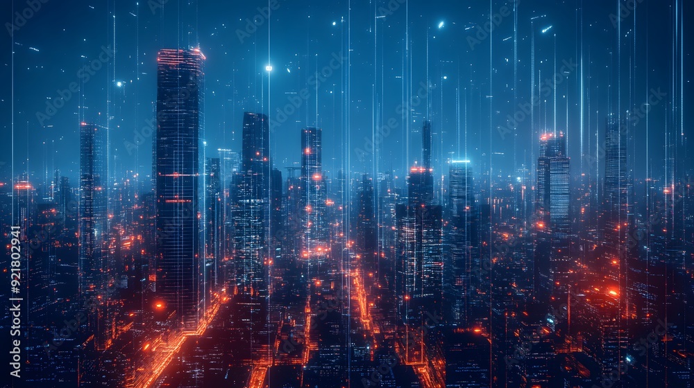Nighttime view of a technologically advanced city with sleek, illuminated skyscrapers. Premium background for the latest technology needs. Nighttime view of a technologically advanced city with sleek, illuminated skyscrapers. Premium background for the latest technology needs.