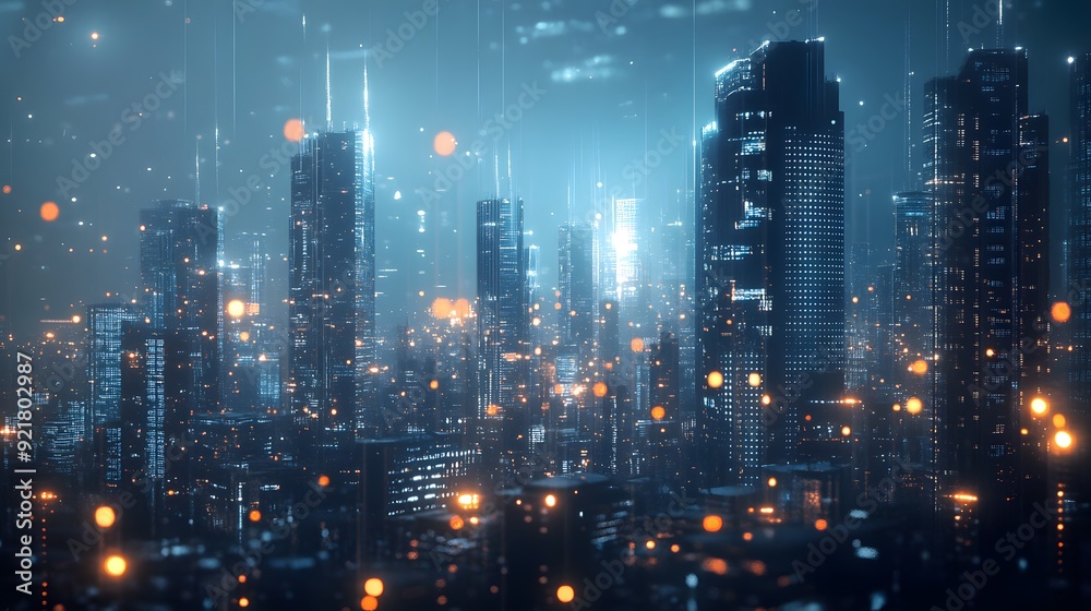 Fototapeta premium Nighttime view of a technologically advanced city with sleek, illuminated skyscrapers. Premium background for the latest technology needs.