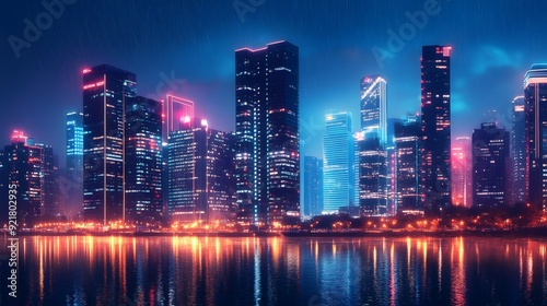 Nighttime view of a technologically advanced city with sleek, illuminated skyscrapers. Premium background for the latest technology needs.