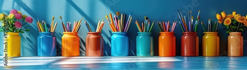 Top-Down View of Assorted Art Supplies on a Desk photo