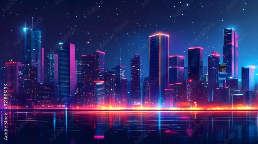Nighttime view of a technologically advanced city with sleek, illuminated skyscrapers. Premium background for the latest technology needs. Nighttime view of a technologically advanced city with sleek, illuminated skyscrapers. Premium background for the latest technology needs.