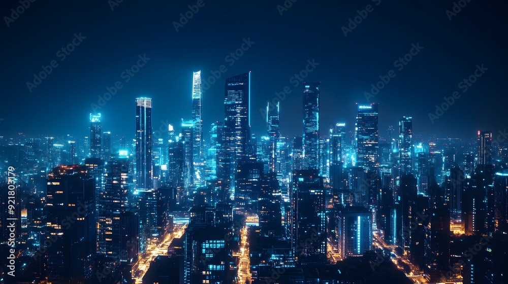 Obraz premium Nighttime view of a technologically advanced city with sleek, illuminated skyscrapers. Premium background for the latest technology needs.