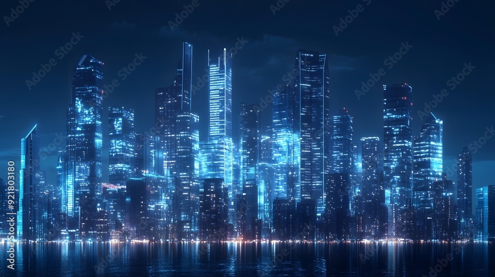 Nighttime view of a technologically advanced city with sleek, illuminated skyscrapers. Premium background for the latest technology needs. Nighttime view of a technologically advanced city with sleek, illuminated skyscrapers. Premium background for the latest technology needs.