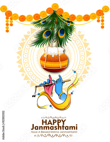 Celebrating happy Janmashtami festival of India with llustration of Lord Krishna playing bansuri (flute) and dahi handi competition with text in Hindi meaning 'Krishan Janmashtami'- vector background