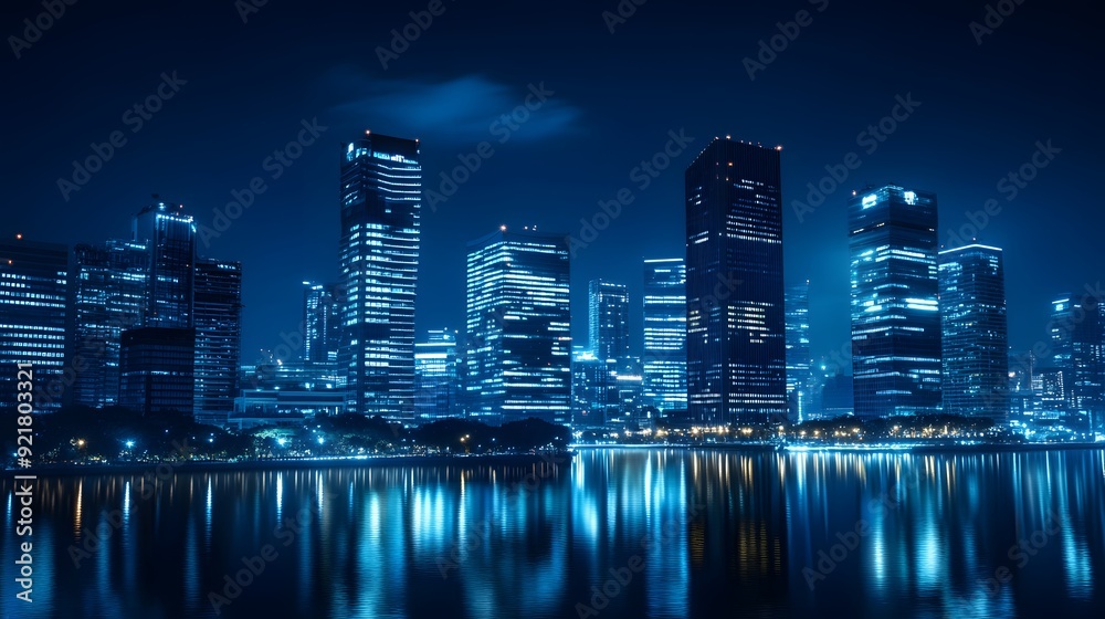 Fototapeta premium Nighttime view of a technologically advanced city with sleek, illuminated skyscrapers. Premium background for the latest technology needs.