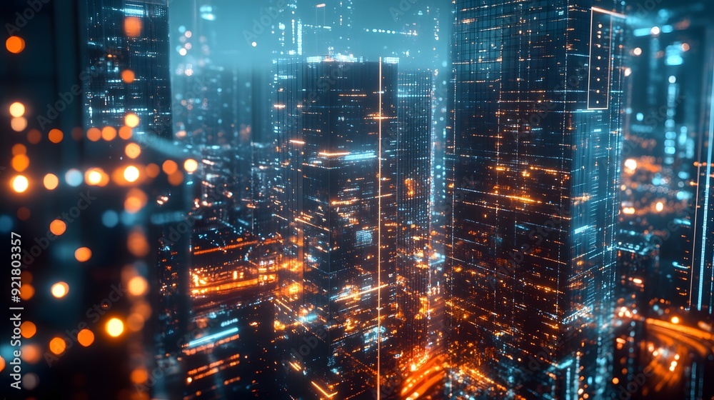 Nighttime view of a technologically advanced city with sleek, illuminated skyscrapers. Premium background for the latest technology needs. Nighttime view of a technologically advanced city with sleek, illuminated skyscrapers. Premium background for the latest technology needs.