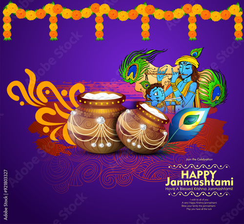 Celebrating happy Janmashtami festival of India with llustration of Lord Krishna playing bansuri (flute) and dahi handi competition with text in Hindi meaning 'Krishan Janmashtami'- vector background
