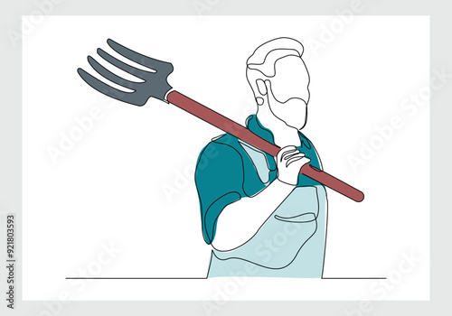 Continuous single line sketch drawing of farmer man worker holding fork farming tool. One line art of occupation professional worker vector illustration