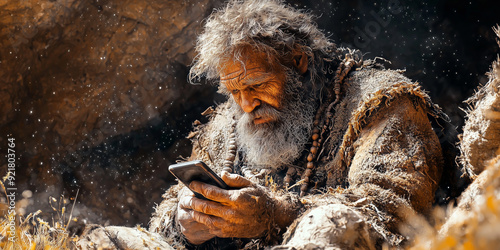 ancient man, Neanderthal man with a mobile phone, at the cave in the rock, daily life photo