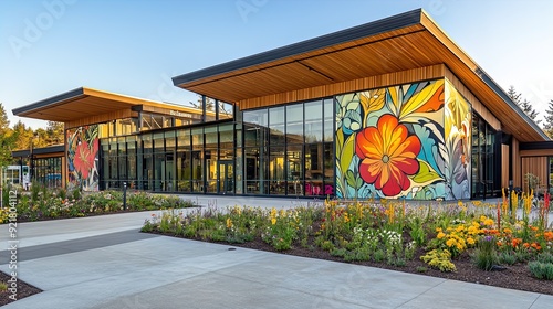 Transform Your Space with a Bright Community Center Poster: Vibrant Murals of Abstract Florals & Botanical Designs, Modern Glass Architecture, and Inviting Greenery for a Touch of Nature!
