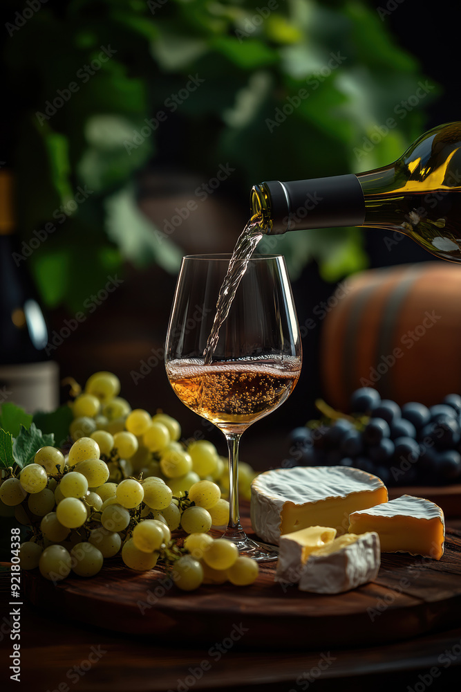 Obraz premium wine in a glass with cheese and grapes on a dark table.