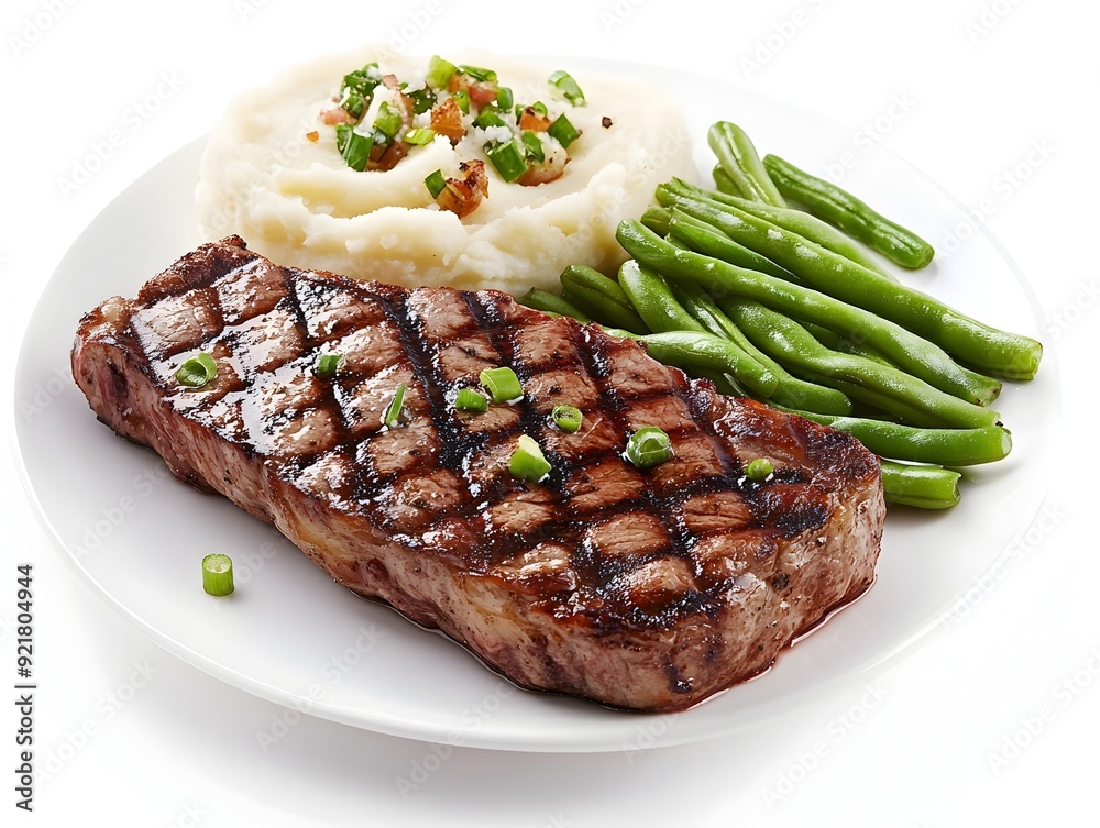 Mouthwatering Grilled Steak with Creamy Mashed Potatoes and Crisp Green Beans on Minimal White Background Mouthwatering Grilled Steak with Creamy Mashed Potatoes and Crisp Green Beans on Minimal White Background