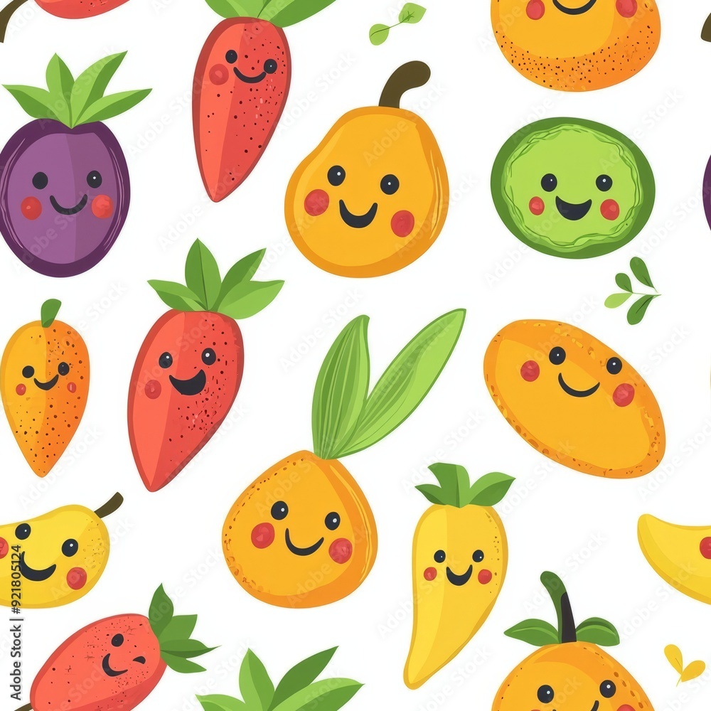 Seamless pattern of cartoon paper fruits and vegetables with cheerful faces
