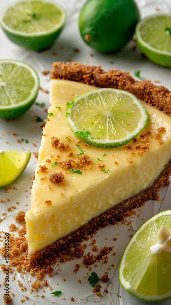 Slice of Fresh Homemade Key Lime Pie with Graham Cracker Crust on White Background Slice of Fresh Homemade Key Lime Pie with Graham Cracker Crust on White Background