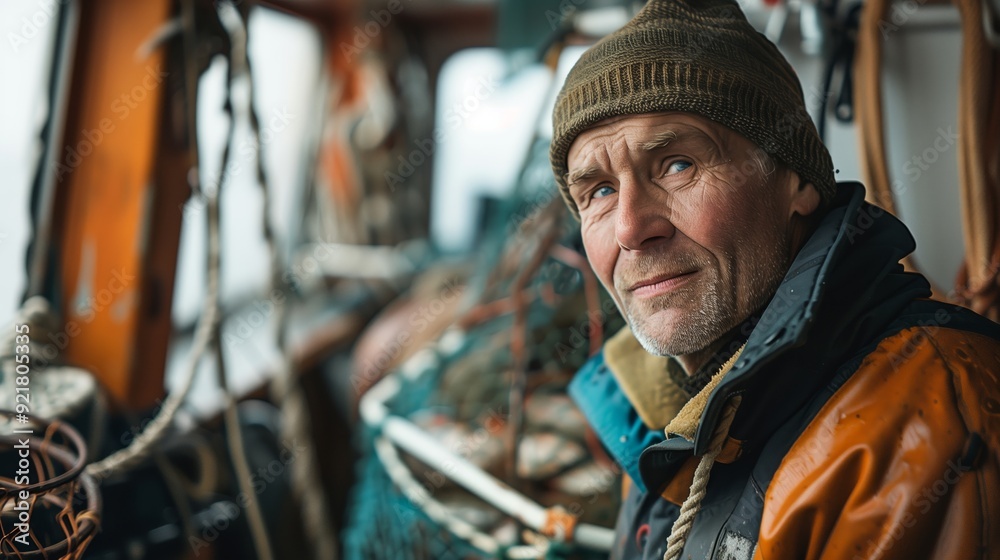 Portrait of middle aged fisherman in overalls on fishing boat, looking at camera and smiling. The man is standing next to the net full with caught fishes Portrait of middle aged fisherman in overalls on fishing boat, looking at camera and smiling. The man is standing next to the net full with caught fishes