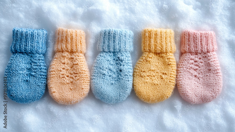 Colorful Knitted Mittens in Snow. Colorful Knitted Mittens in Snow.