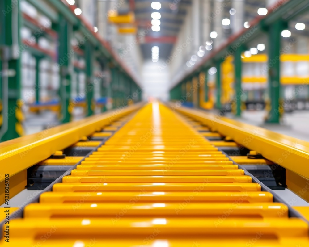 Close-up view of a bright yellow conveyor belt in a modern warehouse, showcasing efficient design and organization for logistics. Close-up view of a bright yellow conveyor belt in a modern warehouse, showcasing efficient design and organization for logistics.