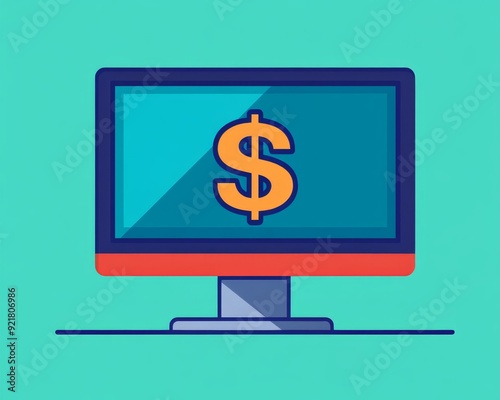 Colorful illustration of a computer screen displaying a dollar sign, symbolizing online finance and digital economy.