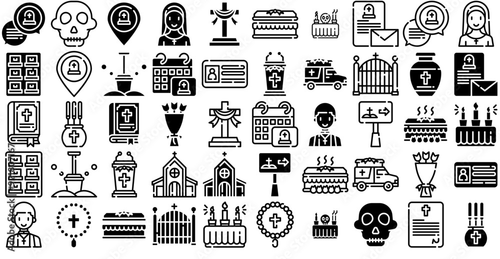 Set Of Linear Funeral Icons Silhouette Vector Logo Design Containing Cultures,Christian,Funeral,Death,Skull Simple Black Style Symbol Sign For Apps And Website, Vector Illustration Set Of Linear Funeral Icons Silhouette Vector Logo Design Containing Cultures,Christian,Funeral,Death,Skull Simple Black Style Symbol Sign For Apps And Website, Vector Illustration