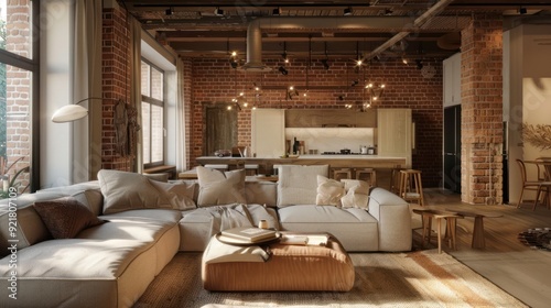 Modern Living Room with Exposed Brick Walls and a Sectional Sofa