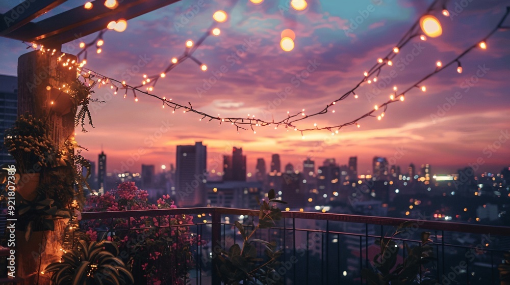 Fototapeta premium Festive Rooftop Party with String Lights and Sparkling City Skyline at Dusk
