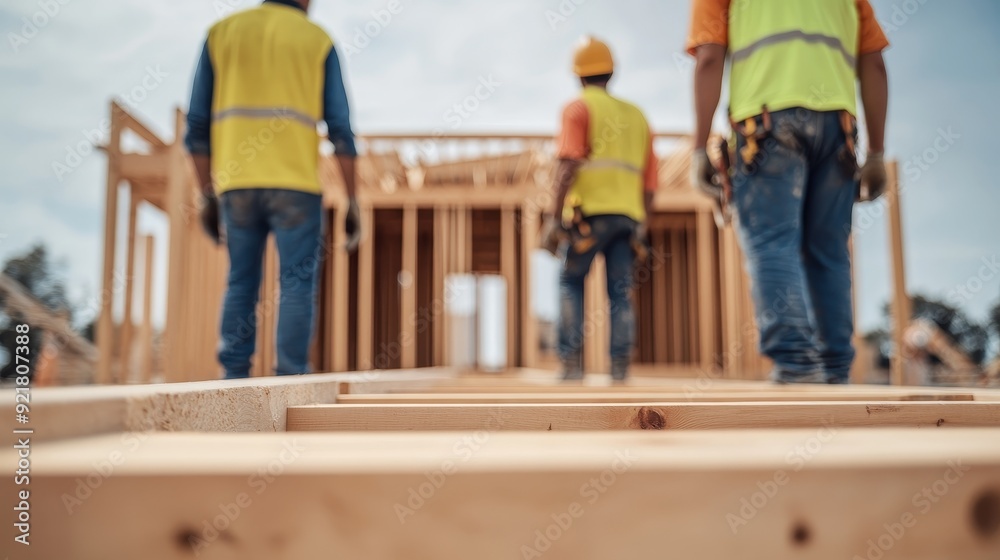 Construction workers in safety gear viewing a wooden structure under construction against a blue sky. Construction workers in safety gear viewing a wooden structure under construction against a blue sky.