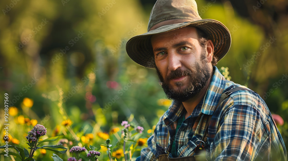 Portrait of a male gardener in work clothes against a background of plants. AI Generated Portrait of a male gardener in work clothes against a background of plants. AI Generated