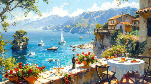 Small restaurant on the Mediterranean Sea, oil painting style, summer seascape