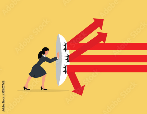 Financial security. Confident young business woman standing and protecting from risk