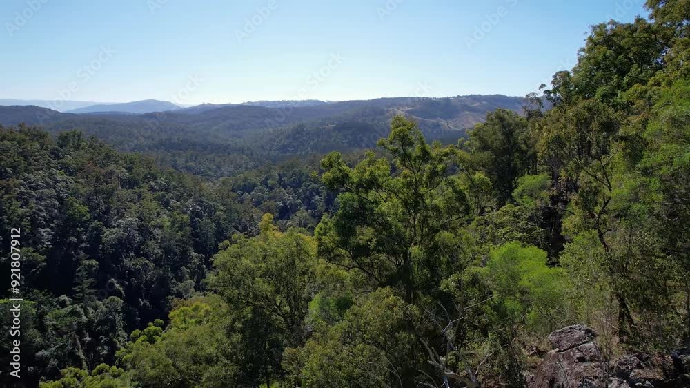 View Of Sub-tropical Rainforest At The Falls Lookout and Bulls Falls In Mount Mee, Queensland, Australia. Aerial Drone Shot View Of Sub-tropical Rainforest At The Falls Lookout and Bulls Falls In Mount Mee, Queensland, Australia. Aerial Drone Shot