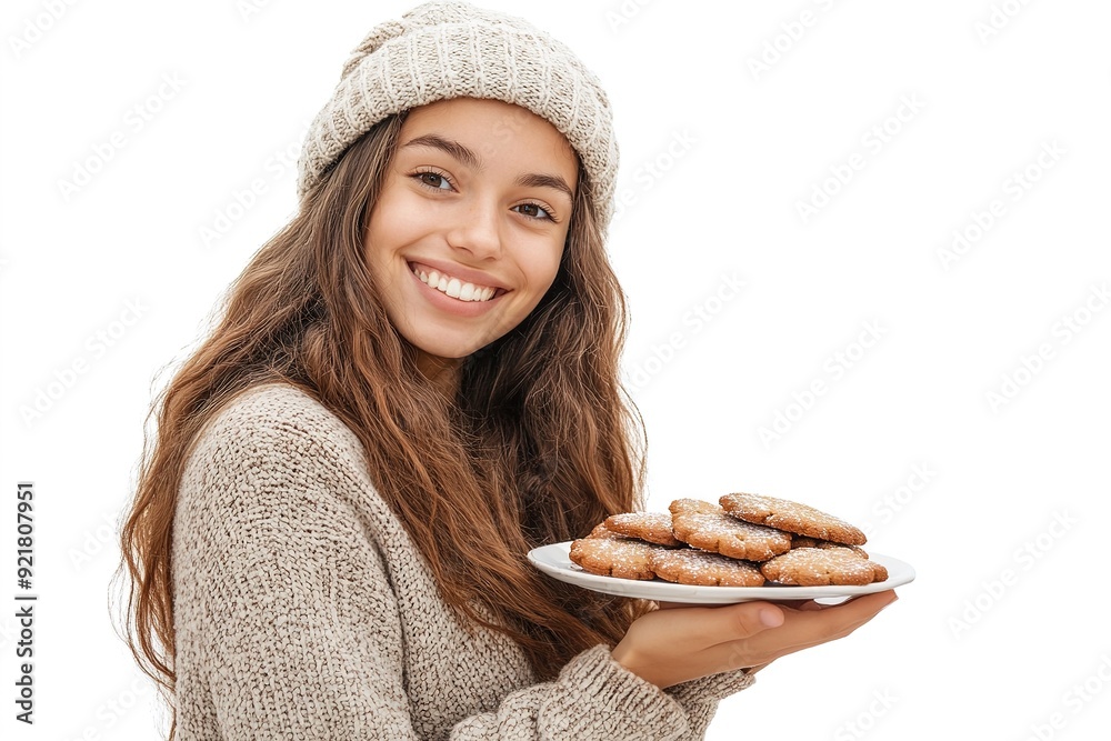 Smiling woman in sweater holding plate of cookies Smiling woman in sweater holding plate of cookies